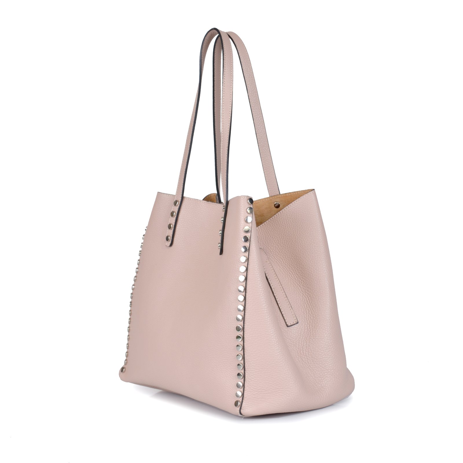 Leather Shopper Bag with Metal Studs Powder Pink - Nezzha - European Brands
